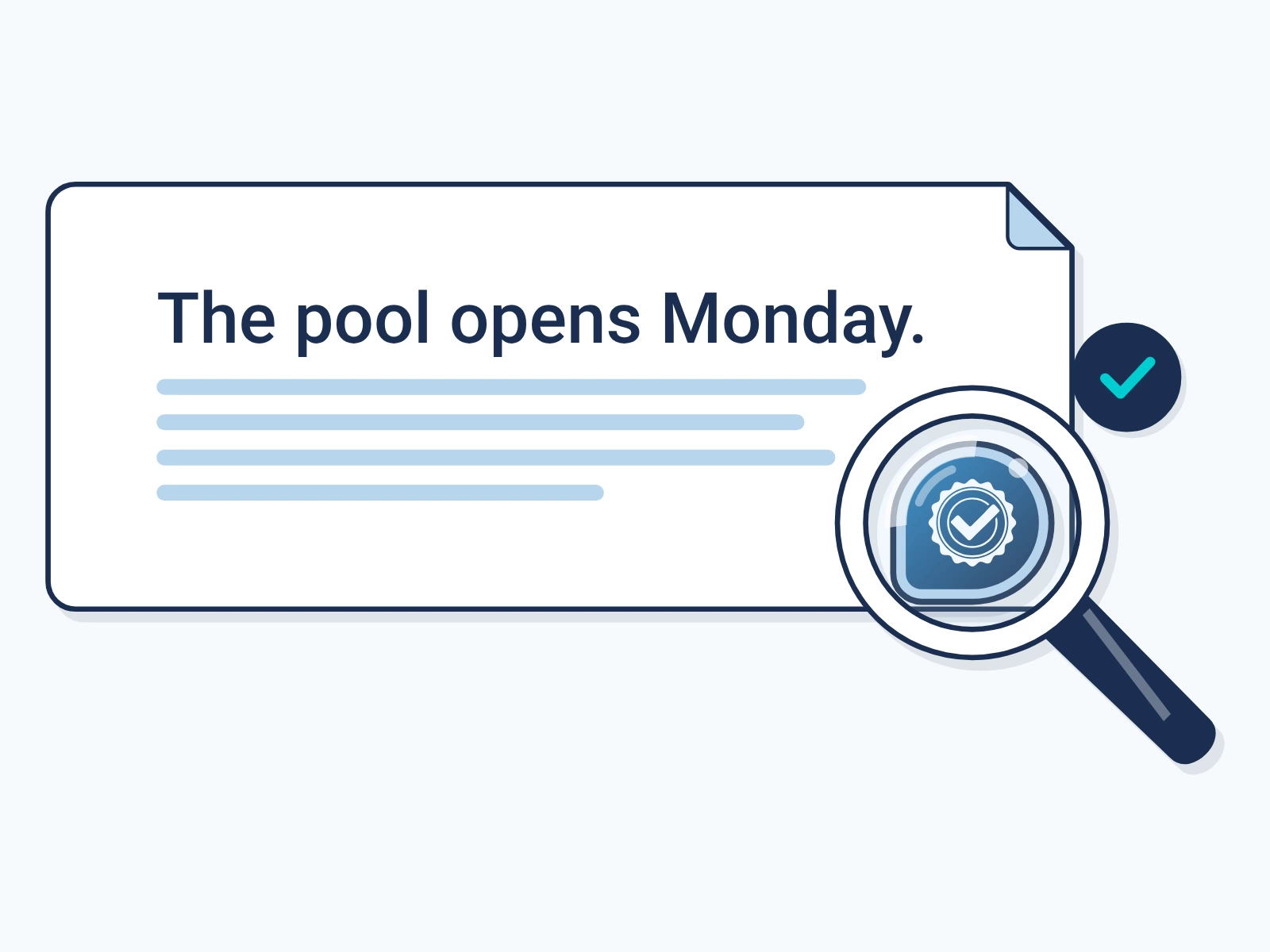 A magnifier checks the blue Encypher badge on the sentence The pool opens Monday, and a check mark appears.