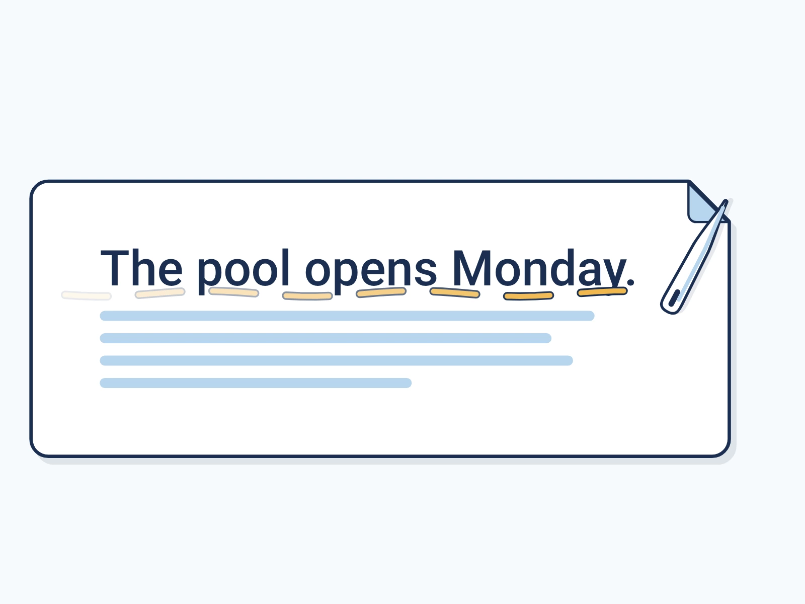 A needle sews a gold thread under the sentence The pool opens Monday, and the stitches fade from sight.
