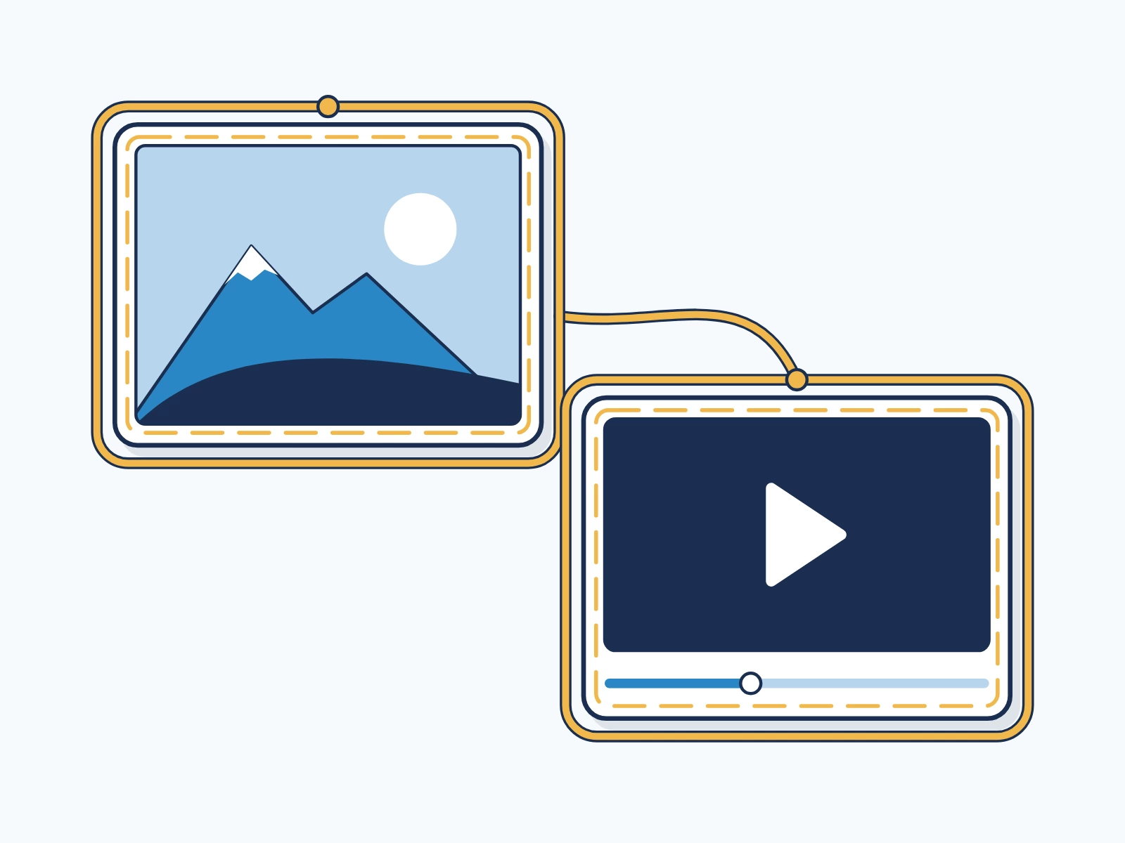 A gold thread runs from a photo to a video and sews a gold border around each one.